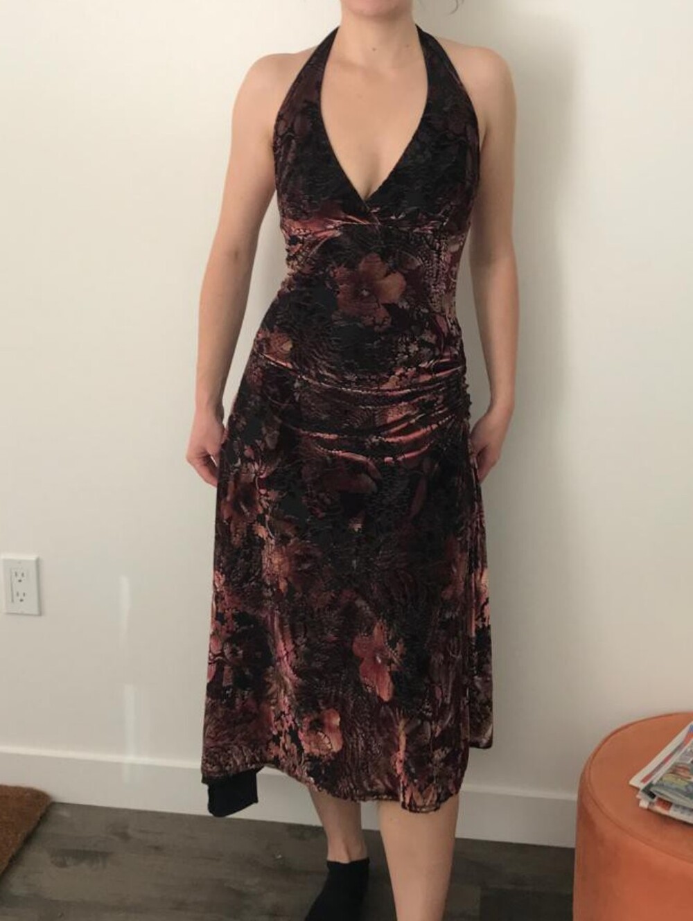 Vintage Burgundy and Black Floral Halter Midi Dress Whimsigoth